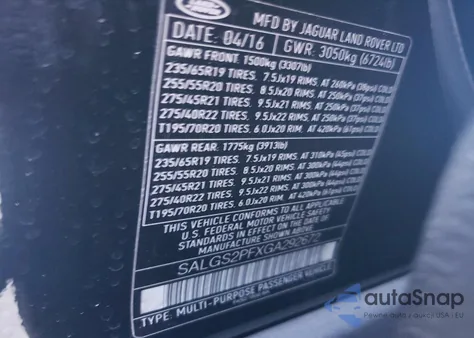 2016 Land Rover Range Rover Hse z USA, uszkodzony, nr VIN SALGS2PFXGA292672